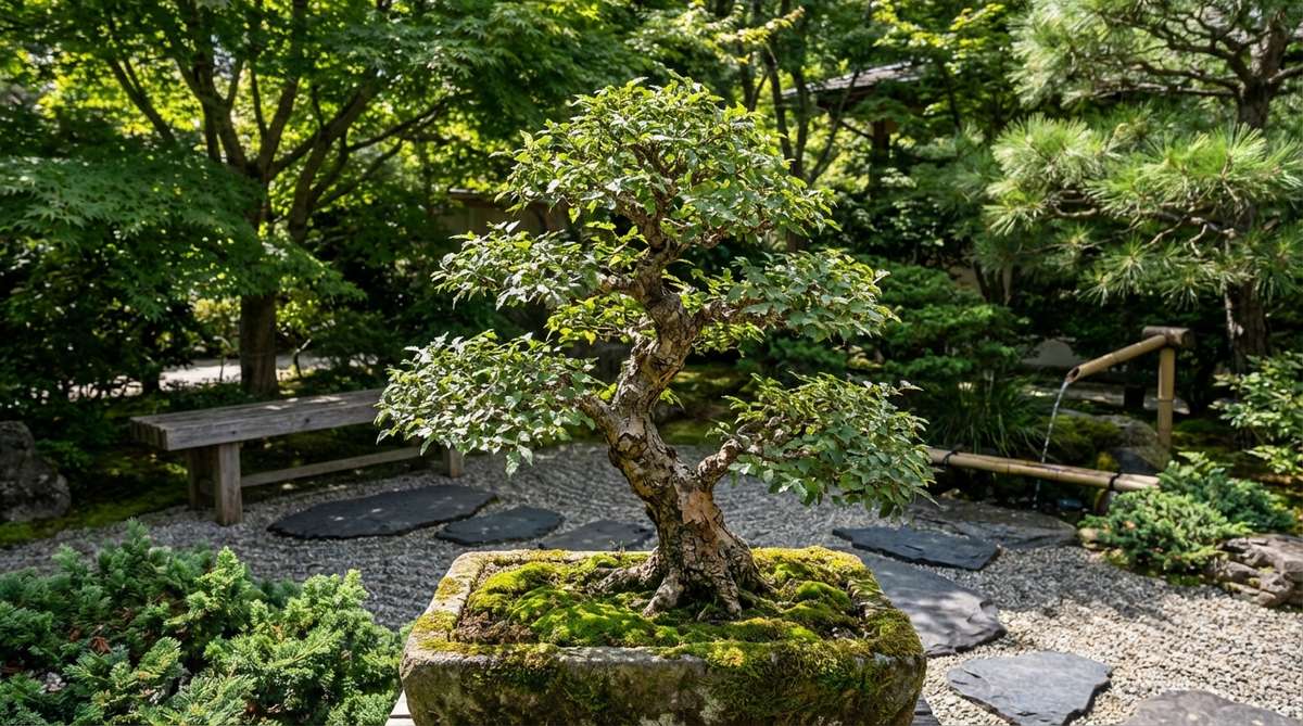 A Chinese Elm bonsai (Ulmus parvifolia) with small leaves and corky bark, thriving in a Japanese garden setting. This species is ideal for beginners due to its tolerance for indoor conditions and vigorous growth, allowing for frequent pruning and root work without damage.