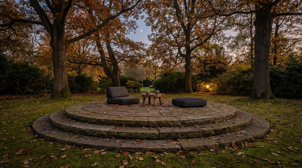A round stone platform with concentric rings, designed for moon viewing in Japanese gardens, ideal for autumn evenings with two viewers on cushions under a tree canopy.