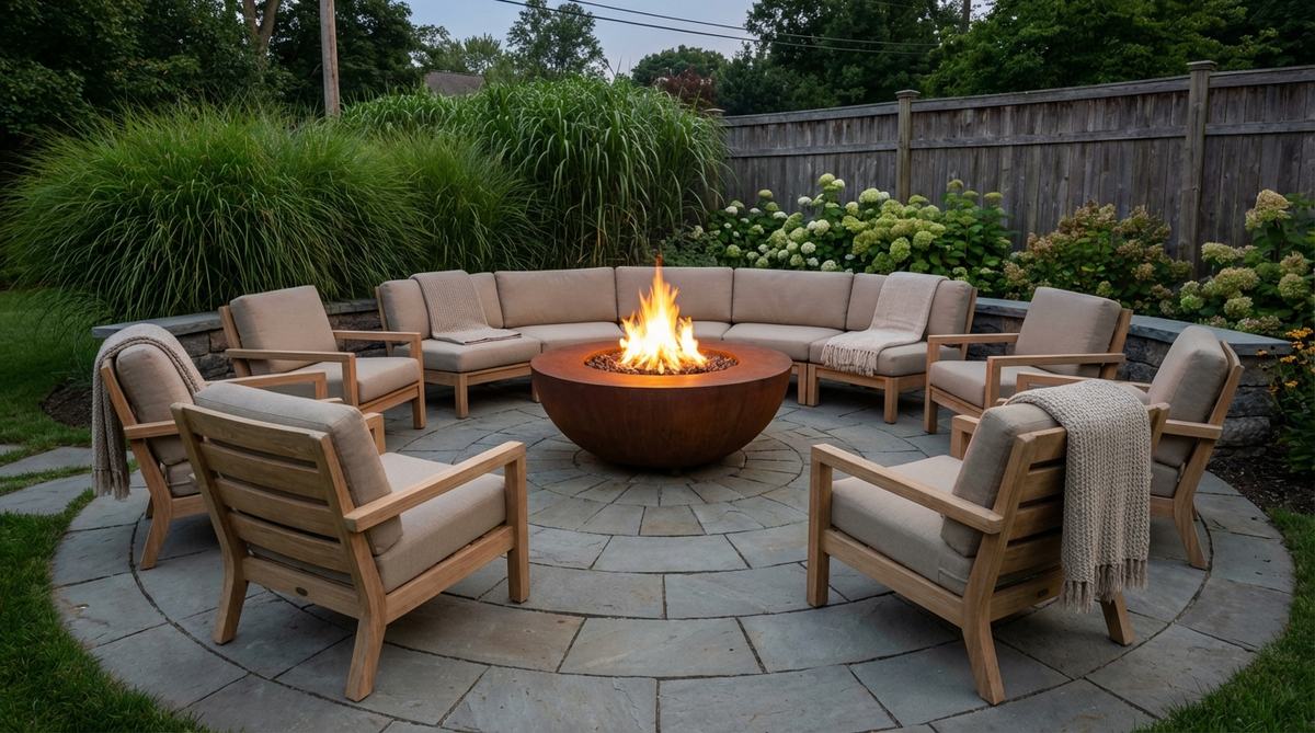 A circular arrangement of lounge chairs or sectional segments surrounding a central fire bowl, providing equal warmth distribution and accommodating 8-12 guests for evening conversation-focused entertaining with natural ambient lighting from the fire glow.