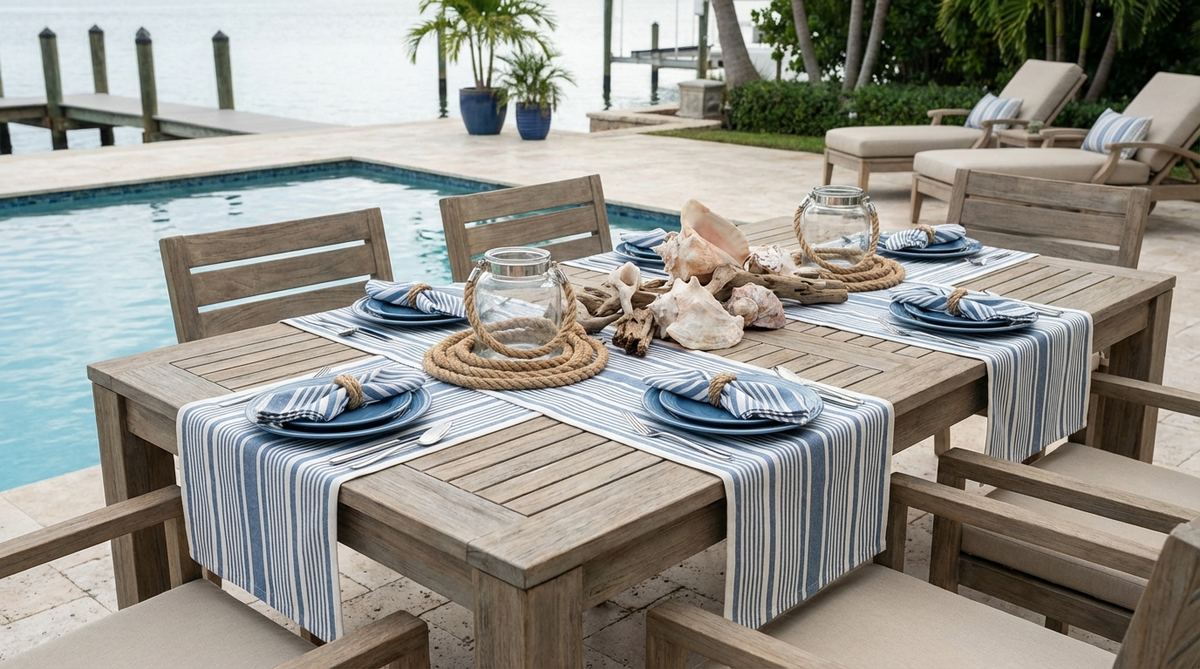 A modern garden table decorated with coastal blue and white stripes, featuring striped table runners and napkins paired with solid blue plates, complemented by weathered wood, rope details, and shell elements for a nautical, sophisticated look ideal for poolside or waterfront settings.