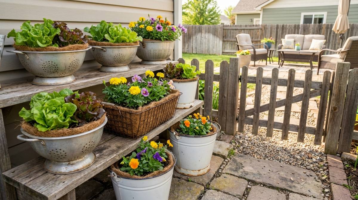A creative garden design idea showing metal colanders, wire baskets, and enamelware buckets repurposed as whimsical planters in a small backyard. The containers feature pre-existing drainage holes and are lined with coco fiber to retain moisture while allowing proper drainage, ideal for growing shallow-rooted lettuces and annual flowers.
