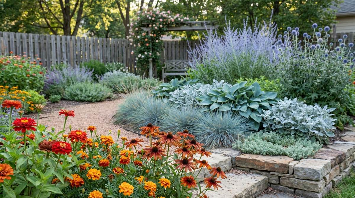A visual guide to creating depth in small gardens using a color gradient, with warm red and orange flowers in the foreground transitioning to cool blue and silver foliage in the background.