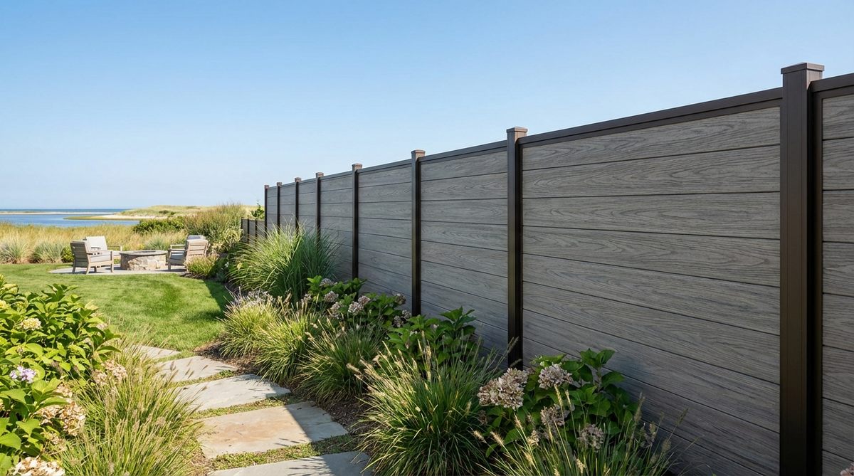 A durable composite-and-aluminum hybrid fence featuring composite wood-alternative boards with realistic wood grain texture in warm walnut or driftwood gray tones, paired with coordinating aluminum posts and rails. This zero-maintenance fence system provides structural support without visible rust or corrosion, ideal for coastal environments where salt air accelerates deterioration of traditional materials.