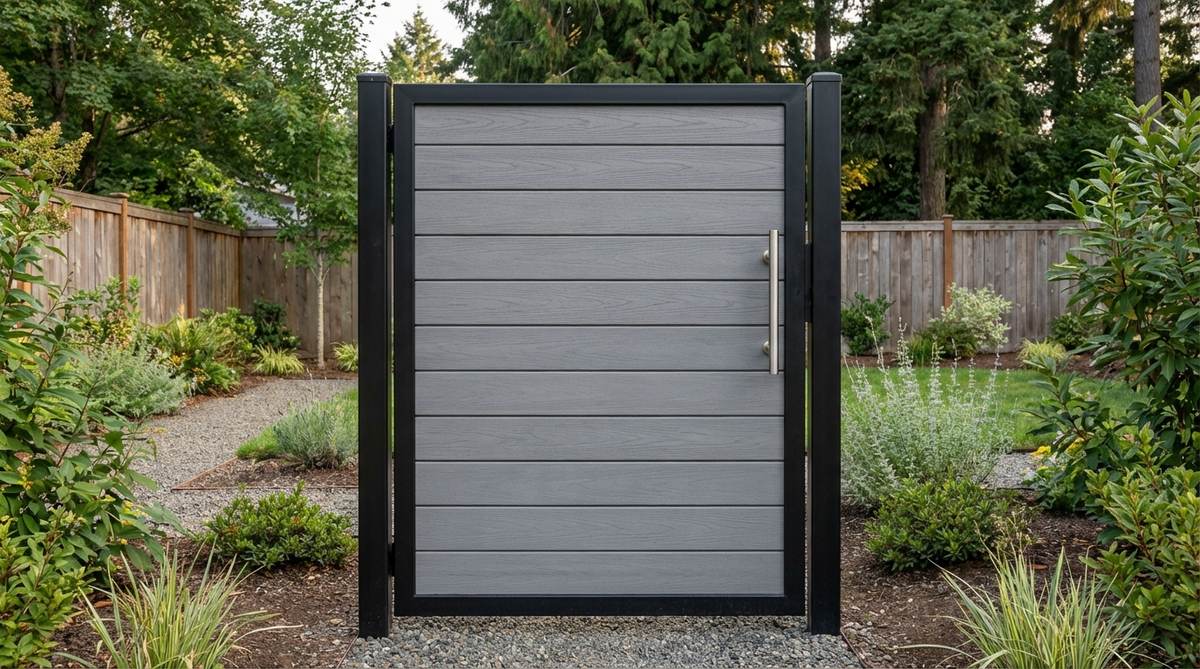 A contemporary garden gate featuring composite boards framed in black steel tubing, combining organic warmth with industrial structure. This hybrid design suits transitional gardens bridging traditional and modern styles, with steel framing preventing composite material warping. The gate is shown in gray tones that complement the steel, featuring a brushed stainless steel handle for tactile quality.