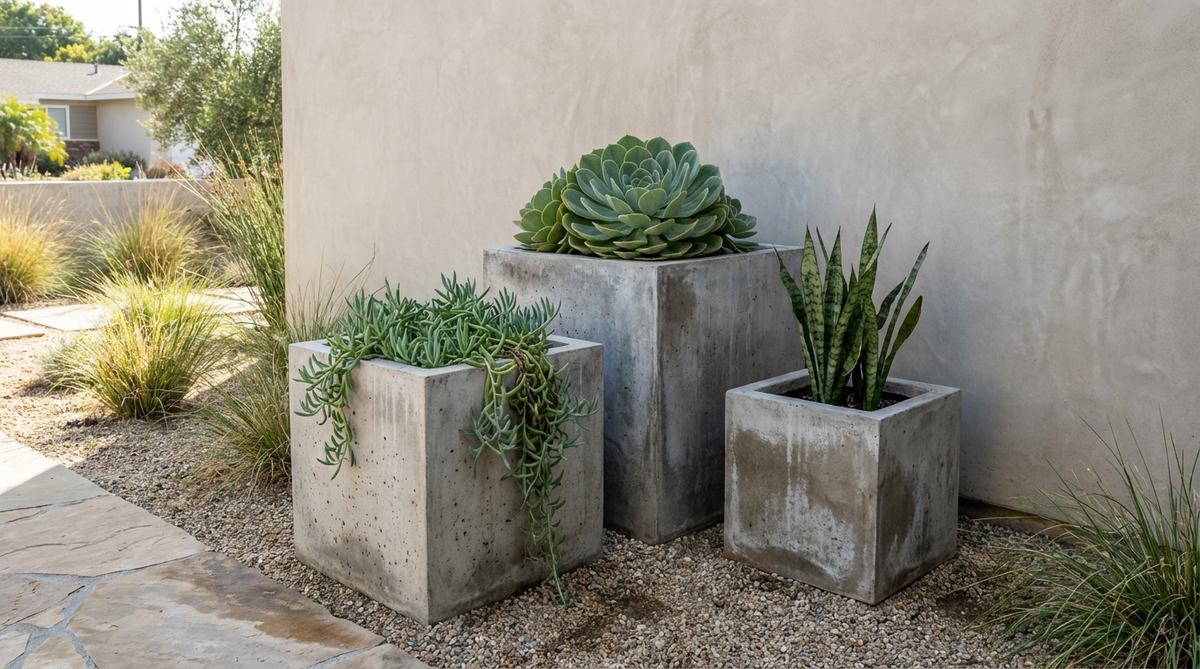 A modernist composition of three geometric concrete planters in varying sizes, each holding a different succulent variety with rosette, trailing, and upright forms. Arranged in a triangular configuration for dynamic visual weight, the concrete's porosity ensures excellent drainage for succulent cultivation. This industrial aesthetic complements contemporary interiors, with the neutral backdrop emphasizing plant form and concrete that weathers beautifully over time.