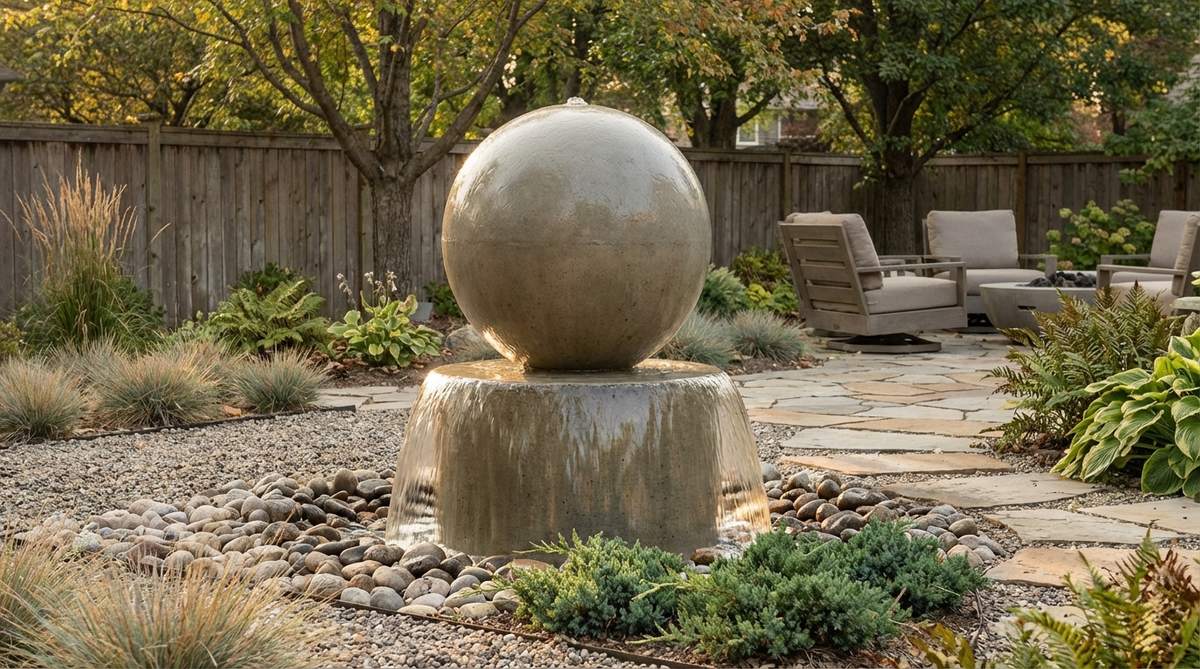 A modern concrete sphere fountain in a zen garden, with water flowing from beneath to create spherical sheets and a soothing sound. The smooth sphere rotates slowly on a water cushion atop a cylindrical pedestal, creating kinetic art that catches changing light throughout the day.