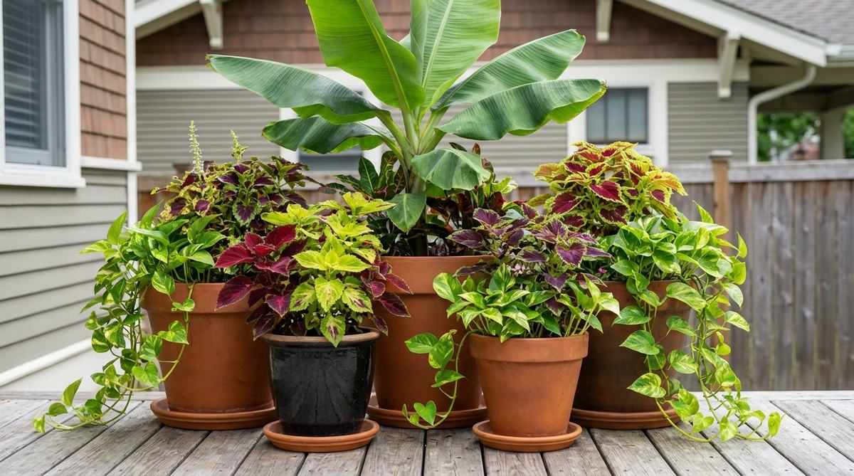 A vibrant tropical garden design featuring a cluster of large containers arranged on a patio or deck, filled with mixed plants including an upright palm or banana as a thriller, trailing pothos, and coleus as fillers and spillers. The containers are grouped in odd numbers with varying heights, spaced for air circulation, and placed on pot saucers to protect surfaces and retain moisture, ideal for renters and urban gardeners seeking portable, non-permanent tropical landscapes.