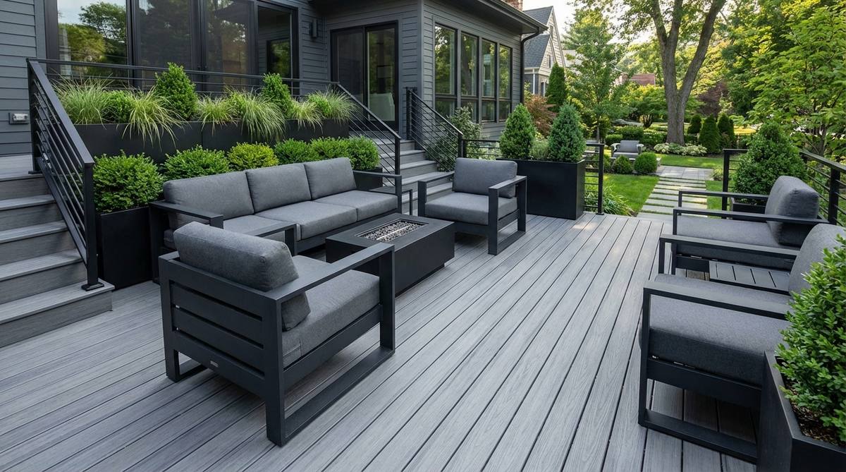 A modern outdoor deck featuring cool gray composite decking, charcoal furniture, and black metal accents, with layered gray values and greenery for contrast, suitable for contemporary architecture and urban settings.