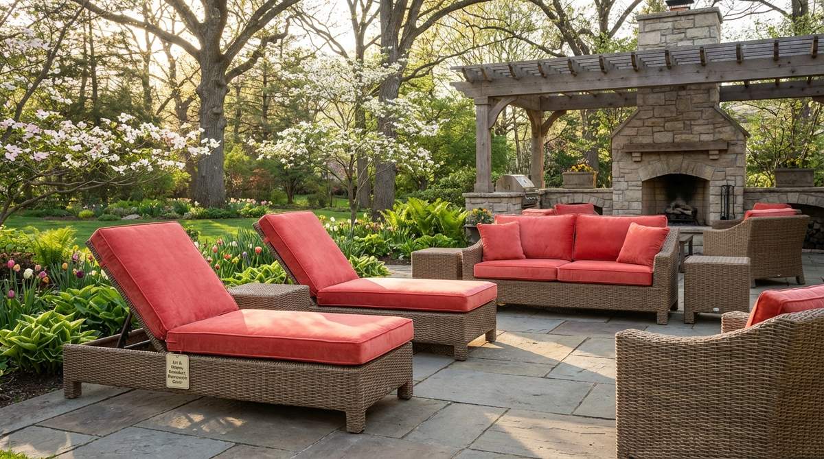 A vibrant coral velvet cushion set designed for outdoor use, featuring plush texture that adds luxury and depth to wicker seating. These cushions are UV and mildew resistant with removable covers for easy maintenance, perfect for spring decor.