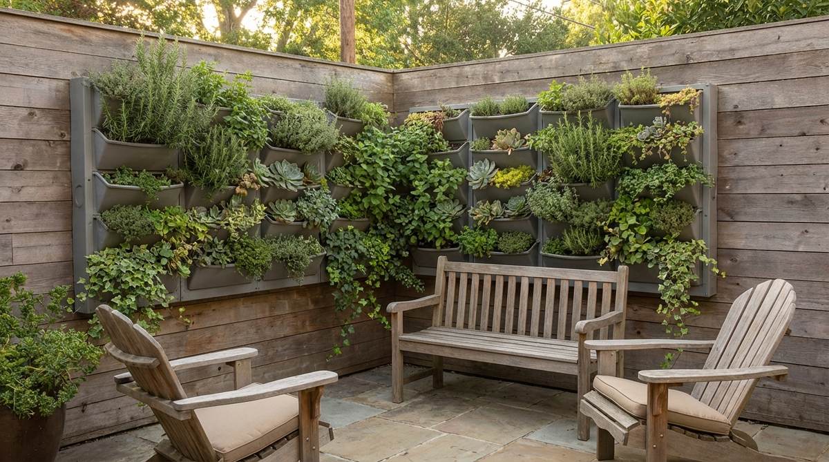 A cozy garden corner featuring a pergola with beams extending along two walls, furnished underneath with comfortable seating or a dining set. Vining plants are trained across the pergola beams to create dappled sunlight, transforming this architectural space into an inviting destination.
