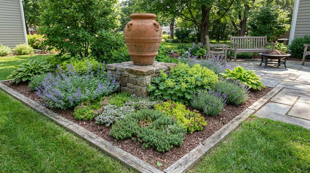 A decorative sculpture or large container elevated on a corner plinth in a small garden space, surrounded by low groundcovers and spreading perennials that add depth without competing visually with the raised focal point.