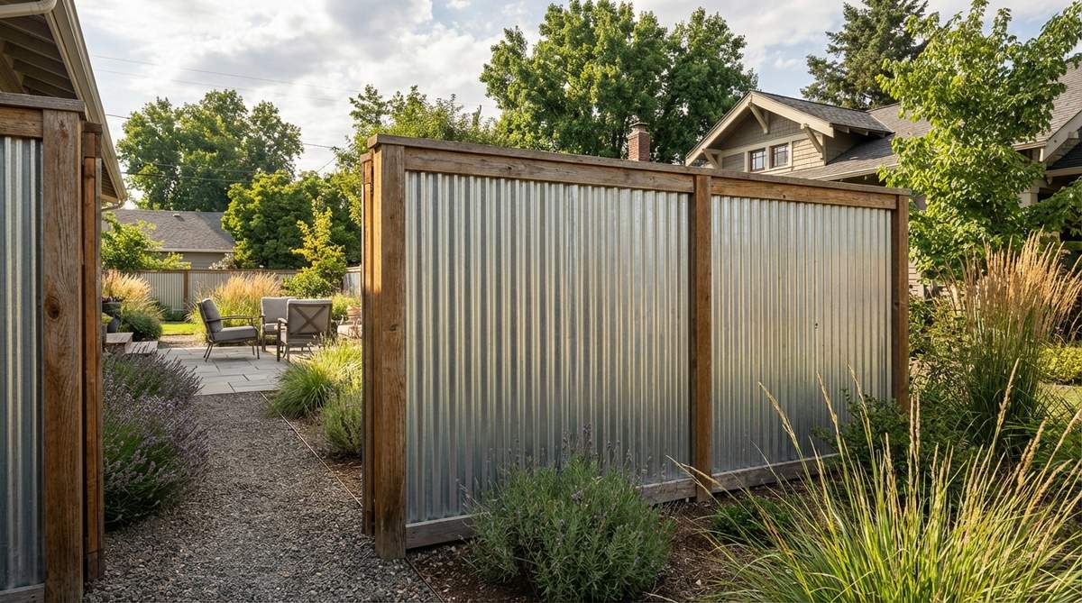 A modern garden fence featuring corrugated metal panels mounted within a sturdy wood frame, showcasing industrial aesthetics with textured ridges and rust-resistant finishes like galvanized steel or aluminum.