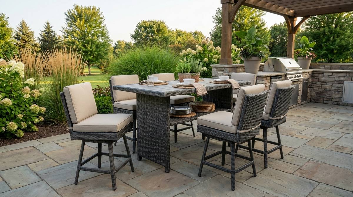 A modern counter-height dining set featuring a 36-inch elevated table with swivel stools that rotate 350 degrees, cushioned seats, backs, and footrests for comfort. Constructed from synthetic wicker for durability against moisture and temperature changes, it includes a built-in storage shelf under the table, ideal for outdoor kitchens and casual dining.