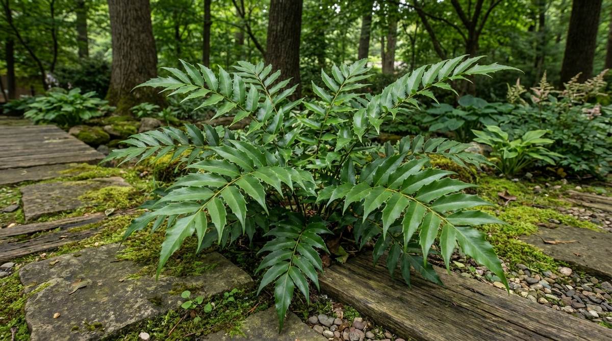 A close-up of Cyrtomium falcatum, or holly fern, showcasing its glossy, dark green fronds that resemble holly leaves, thriving in deep shade within a Japanese garden setting. The image highlights the plant's bold texture contrast and evergreen structure, ideal for shaded corners or alongside stone pathways, providing year-round interest with minimal maintenance.