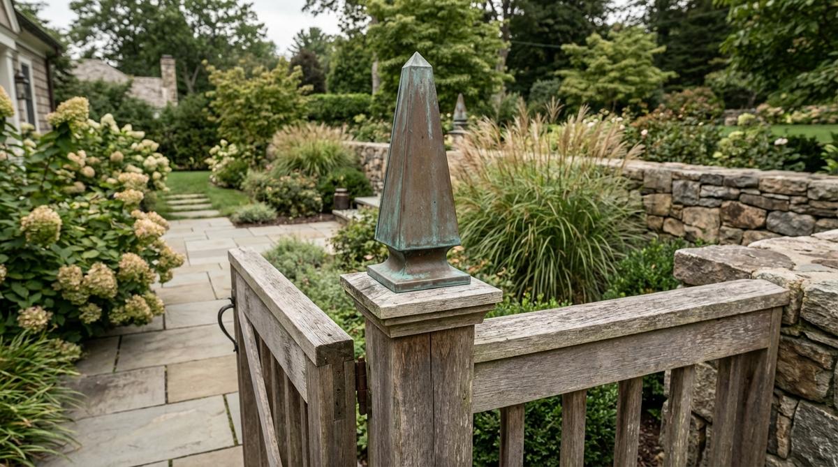 A decorative obelisk finial installed on a garden gate post, showcasing ornamental caps made of materials like copper, zinc, or cast iron that add verticality and define property boundaries in garden settings.