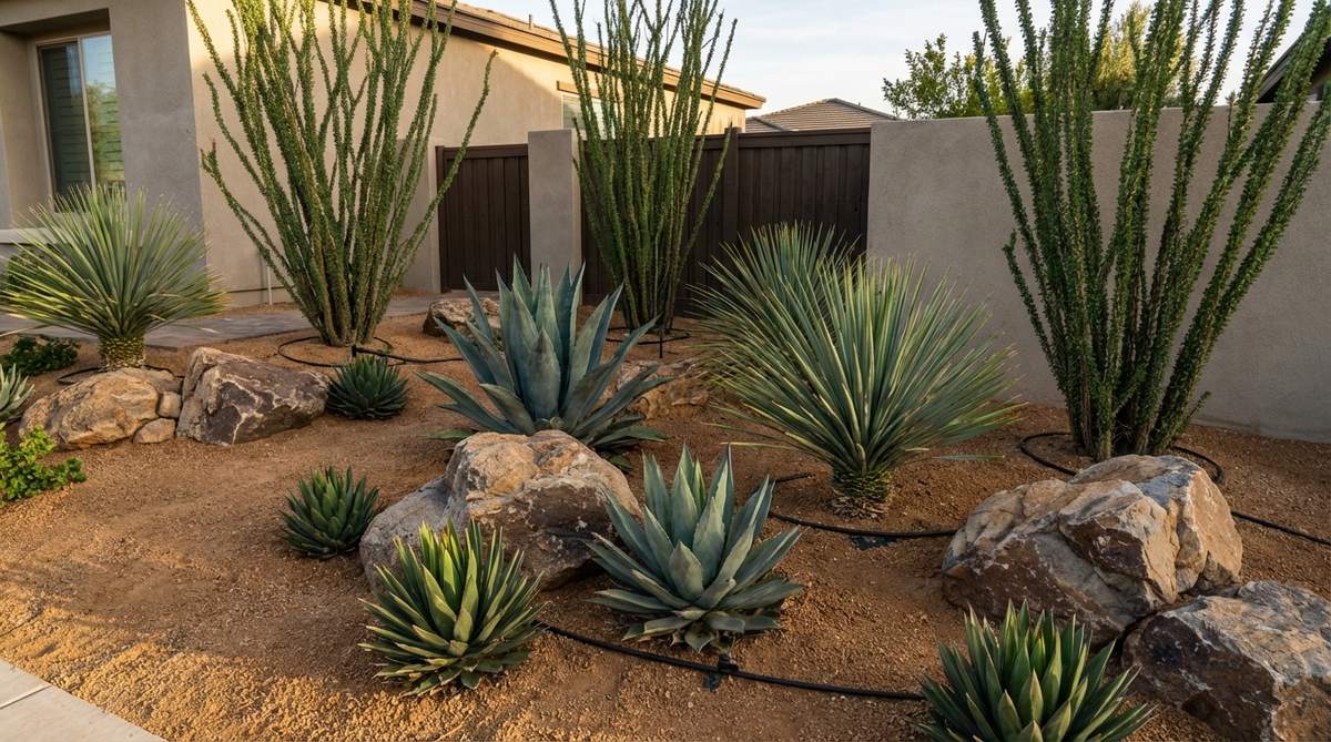 A modern desert-inspired front yard featuring architectural agaves, yuccas, and ocotillo plants arranged against decomposed granite ground cover. Boulder groupings create scale and microclimates for smaller succulents, with a limited plant palette of 3-5 species repeated in varied arrangements. Warm-toned gravel and stone complement the desert plant colors, while drip irrigation efficiently delivers water to root zones. This water-wise landscape design thrives in arid climates and full-sun exposures.