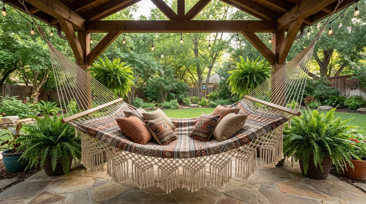 A wide double hammock chair suspended in a boho garden setting, featuring bohemian-patterned fabric or rope construction with waterproof cushions, creating cozy seating for two people under a covered patio with gentle breezes.