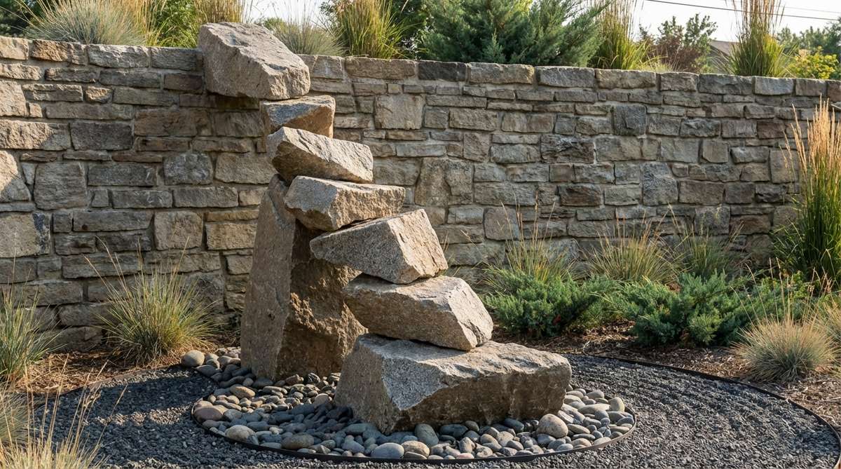 A vertical stack of angular boulders arranged to mimic a frozen waterfall, with stones offset to create a dynamic, tumbling water effect. This dramatic zen garden feature uses 5-7 progressively smaller stones descending from a source boulder, positioned with their longest dimension vertical and tilted slightly forward, often placed against walls or berms to enhance vertical energy and water symbolism.