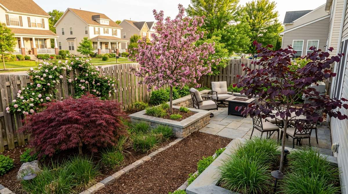 A collection of dwarf tree varieties including Japanese maples, crabapples, and redbuds planted in a small backyard garden, showing how compact trees provide vertical scale and seasonal interest without overwhelming limited spaces.
