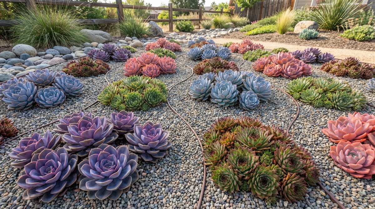 A vibrant succulent tapestry featuring alternating Echeveria varieties in purple, blue, and pink with hardy Sempervivum (hens and chicks) in a gravel garden bed. The design uses repeating color blocks of 5-7 rosettes separated by gravel channels, creating a unified pattern that highlights individual plant colors and textures.