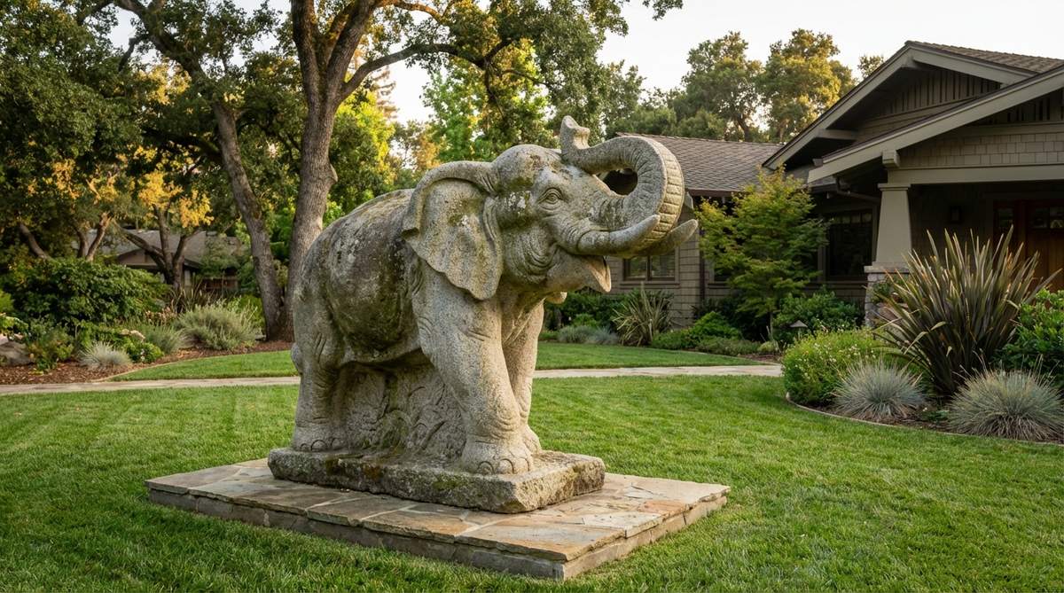 A stone garden elephant sculpture with raised trunk, symbolizing wisdom, strength, and prosperity. Carved from durable granite to withstand structural demands, it serves as an entrance guardian or lawn centerpiece requiring substantial clearance for optimal viewing.