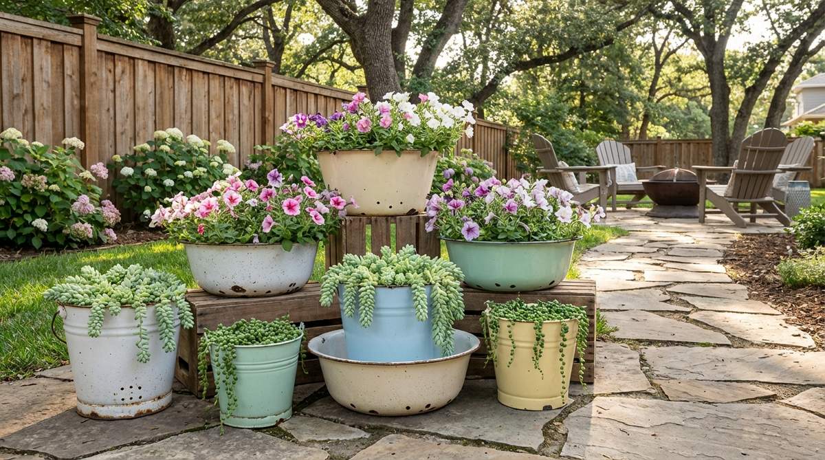 A collection of chipped enamel wash basins and pails in white or pastel colors, repurposed as planters with drilled drainage holes. The speckled finish and worn edges create a farmhouse-meets-bohemian aesthetic, perfect for vintage boho decor. Planted with cascading annuals like petunias or trailing succulents, these lightweight metal basins are ideal for grouping in graduated sizes for a collected vintage display in gardens or outdoor spaces.