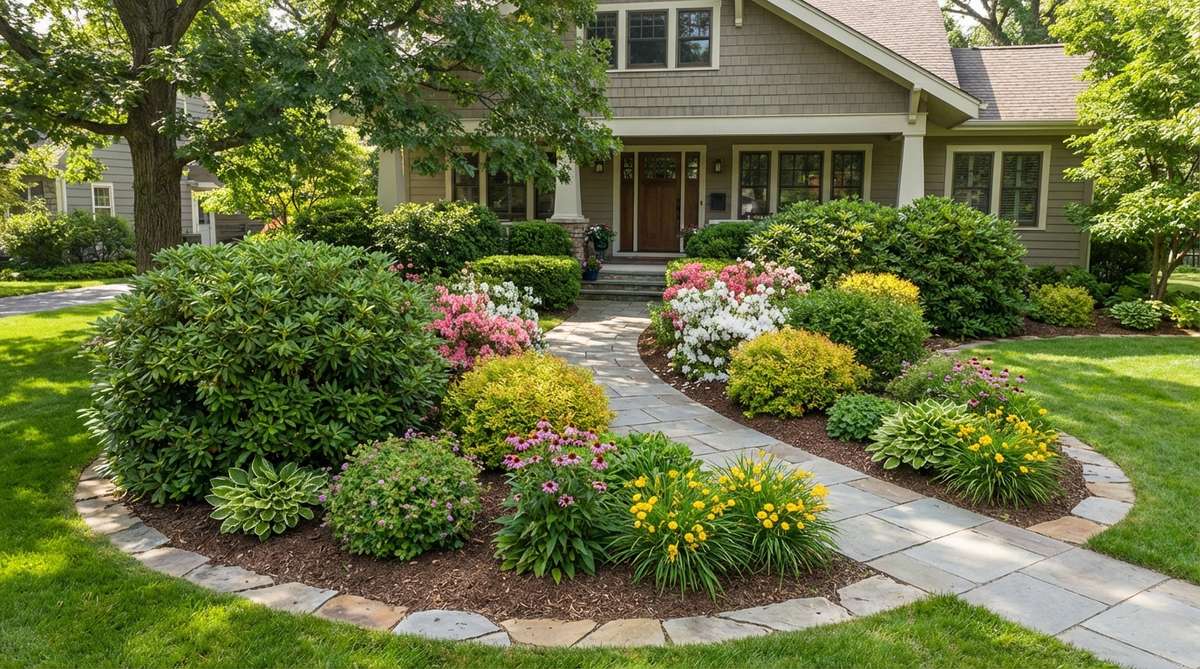 A front yard garden design featuring evergreen shrubs like Japanese pieris and rhododendrons as structural elements, complemented by deciduous flowering shrubs and perennials for seasonal color variation.