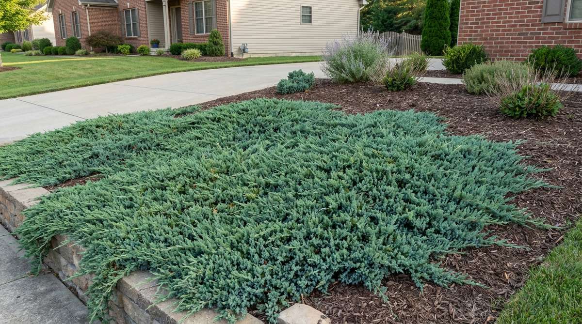 A dense, low-spreading evergreen juniper groundcover like 'Blue Rug' thriving in full sun. This drought-tolerant plant suppresses weeds, requires minimal maintenance, and provides year-round coverage for small front gardens, foundation plantings, or slope stabilization.