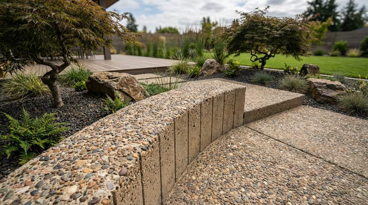 Cast concrete panels with surface washing to reveal embedded stone aggregate, providing visual warmth while maintaining structural characteristics. The exposed pebble texture bridges the gap between smooth industrial concrete and natural stone, offering tactile interest appropriate for seating walls and low platforms in modern zen garden designs.