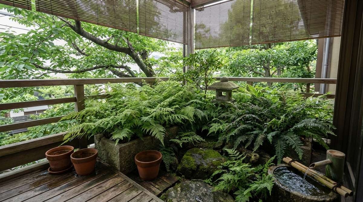 A lush collection of Asplenium bulbiferum (hen and chicken fern) and Doodia aspera (prickly rasp fern) thriving in the shaded corner of a Japanese balcony garden. The fine-textured foliage of these understory ferns creates a serene, cohesive green display without flowering distractions, perfectly suited for low-light conditions with consistent moisture.
