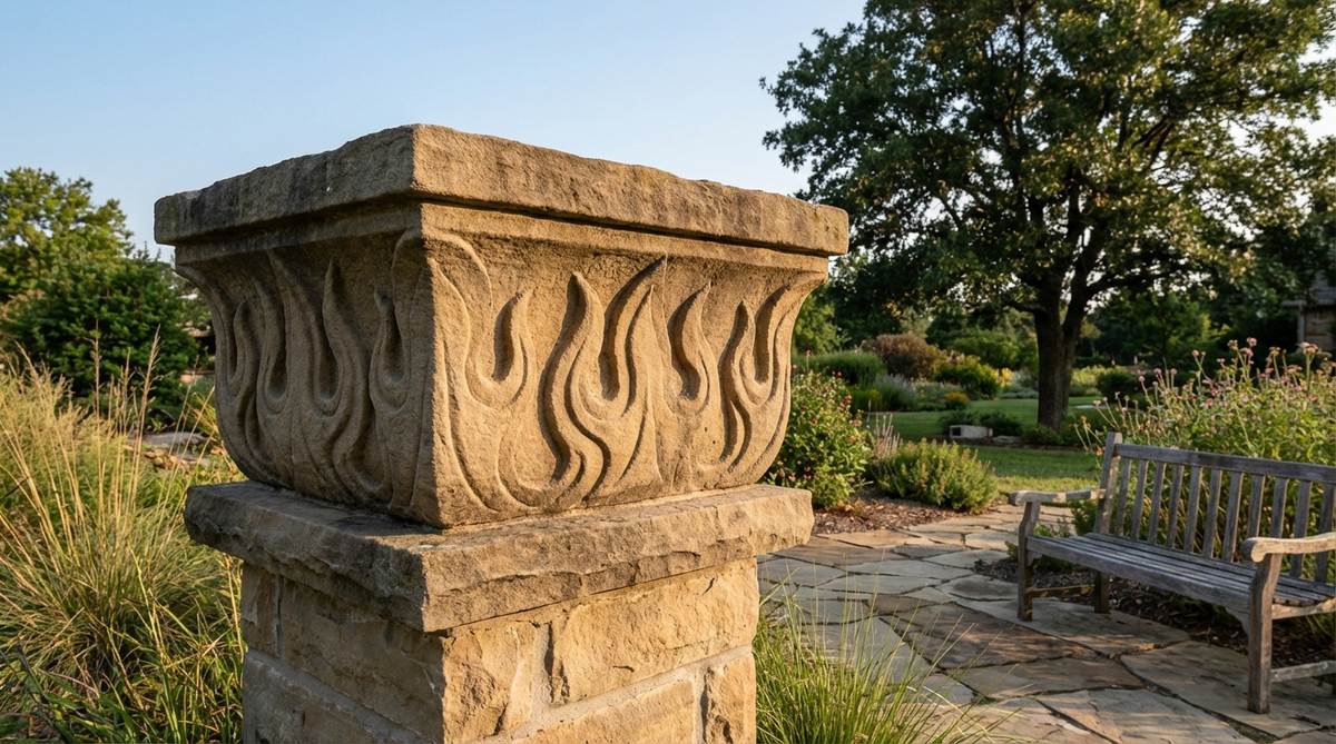 A detailed sandstone cap with stylized flame motifs carved in relief, featuring upward-curving designs that emphasize ascension. This ornamental piece is suitable for memorial gardens or contemplative spaces, with crisp carving details that will gradually soften with weathering over time.