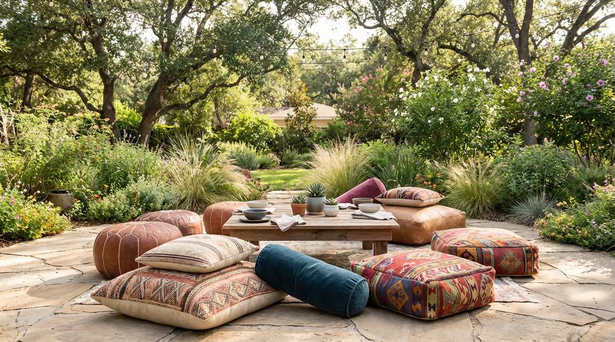 A boho-style arrangement of oversized floor cushions, poufs, and meditation pillows in mixed fabrics like leather, woven cotton, velvet, and kilim, clustered around a low coffee table to create a relaxed, informal seating area for dining or conversation.