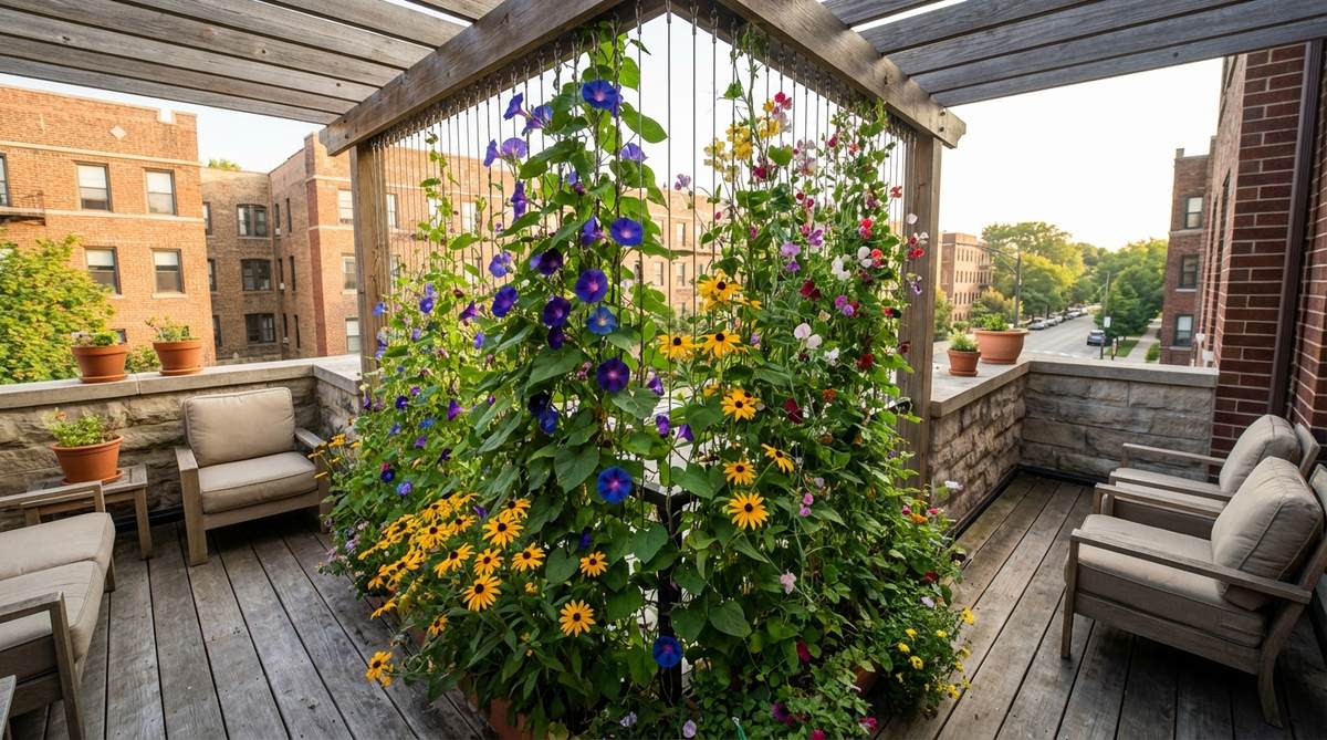 A vertical flowering vine curtain on an urban balcony, featuring morning glories, black-eyed Susans, and sweet peas climbing stainless steel cables to create a seasonal privacy screen.