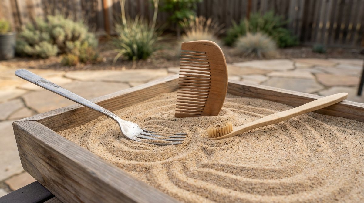 A close-up photo showing a kitchen fork, wide-toothed comb, and toothbrush creating unique textural patterns in fine sand of a zen garden. The unconventional tools produce organic, experimental designs that diverge from classical rake patterns, demonstrating creative alternatives for desktop garden enthusiasts.