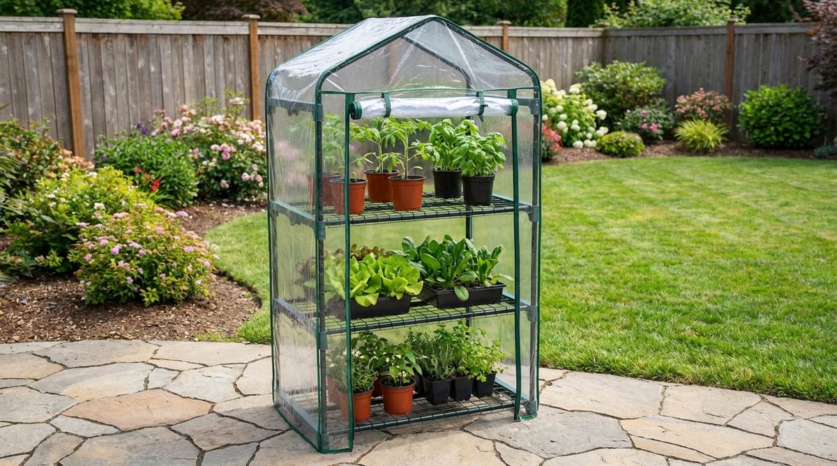 A four-tier mini greenhouse measuring 63 inches tall, featuring 27 inches wide by 19 inches deep shelves that provide 16 square feet of growing surface. The clear PE cover includes a zippered front panel for easy access and climate control. Ideal for growing heat-loving crops on upper shelves and cool-season crops on lower shelves, this vertical greenhouse is perfect for balconies, patios, or garage corners where space is limited.