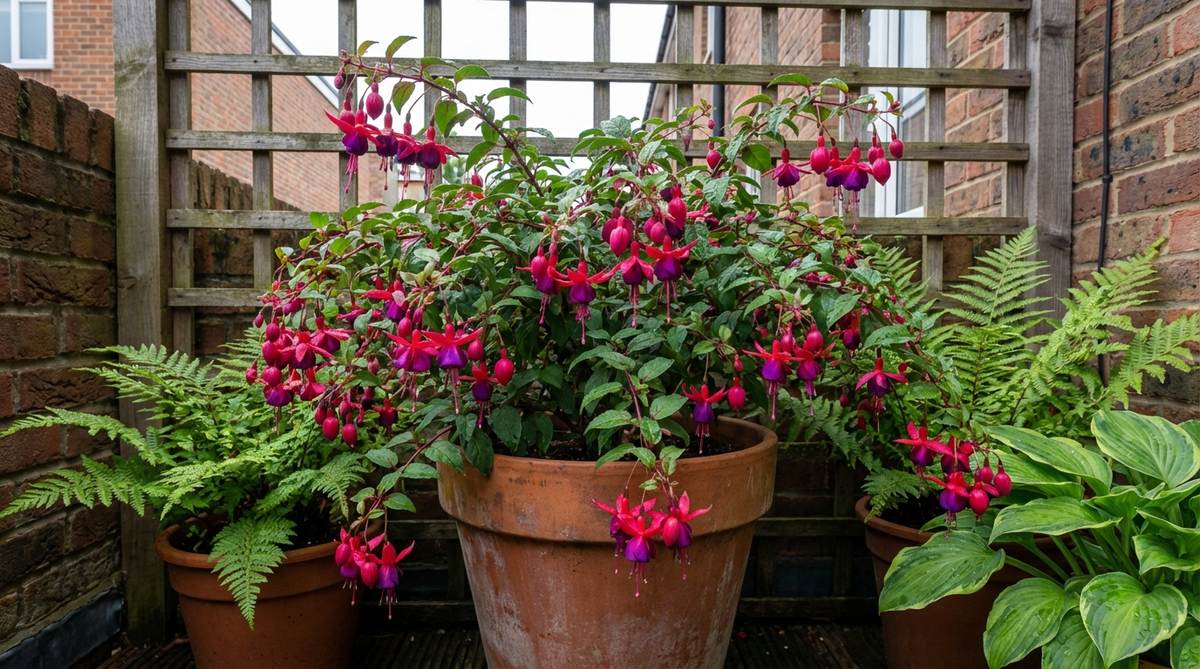A fuchsia plant showcasing its arching stems adorned with pendant bi-color flowers, ideal for shaded urban balconies. The image highlights the plant's prolific blooming in sheltered alcoves, with tips for deadheading and feeding to extend the bloom season through fall.
