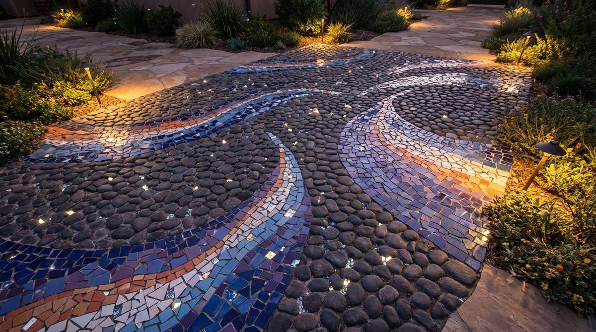 A stone garden mosaic featuring dark cobblestones and colorful broken ceramic tiles arranged in concentric circles or loose spirals to create cosmic imagery reminiscent of nebulae and star fields, with scattered bright tile fragments suggesting distant stars. This design uses a mix of pebble sizes, with larger stones for the dark background and smaller colorful pieces for luminous elements, arranged in gradient patterns to suggest depth and astronomical distance. Ideal for evening gardens where landscape lighting enhances the celestial effect, appealing to contemporary tastes while maintaining an organic material character.