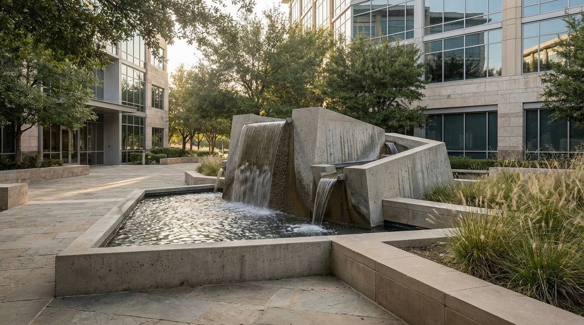 A contemporary garden fountain featuring a cast concrete plinth in angular geometric forms, with water sheeting across its face or pouring from integrated spouts. This design combines solid concrete mass with fluid water movement, creating architectural presence and dynamic tension in large-scale or commercial landscapes, coordinated with building exteriors and hardscape materials.