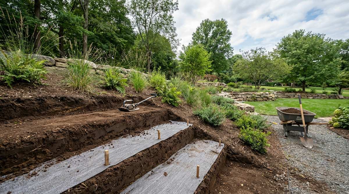 A diagram illustrating the construction of a geotextile reinforced soil wall, showing high-strength fabric layers sandwiched between compacted soil courses to create a stable, flexible slope without rigid materials, suitable for environmentally sensitive sites with minimal material import.