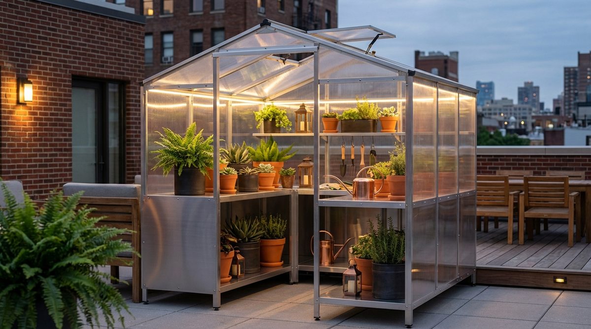 A transparent acrylic and metal greenhouse miniature conservatory showcasing interior plantings and accessories. Features industrial aesthetic suitable for urban rooftop fairy gardens and modern patio displays. Functions as both storage shed and display case with LED lighting for dramatic nighttime illumination. See-through construction allows for carefully arranged, curated vignettes with color-coordinated pots and tools.