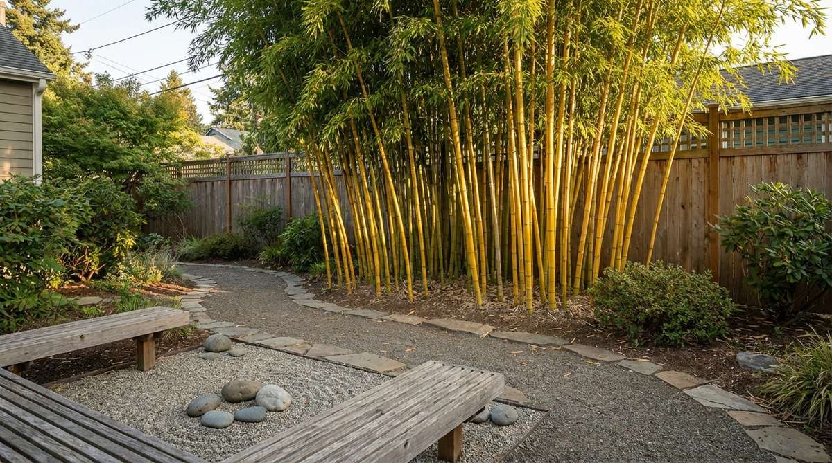 A serene view of a golden bamboo grove, featuring Phyllostachys aurea with bright yellow culms that catch sunlight, creating vertical screens for privacy and a mysterious atmosphere as seen in traditional Zen gardens.