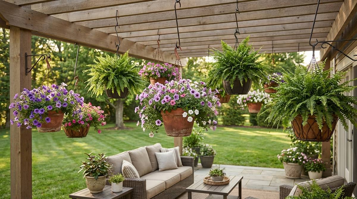 A balcony with ceiling-mounted hanging baskets showcasing trailing plants like petunias and ferns, using swivel hooks to prevent tangling and installed at varying heights for three-dimensional interest.