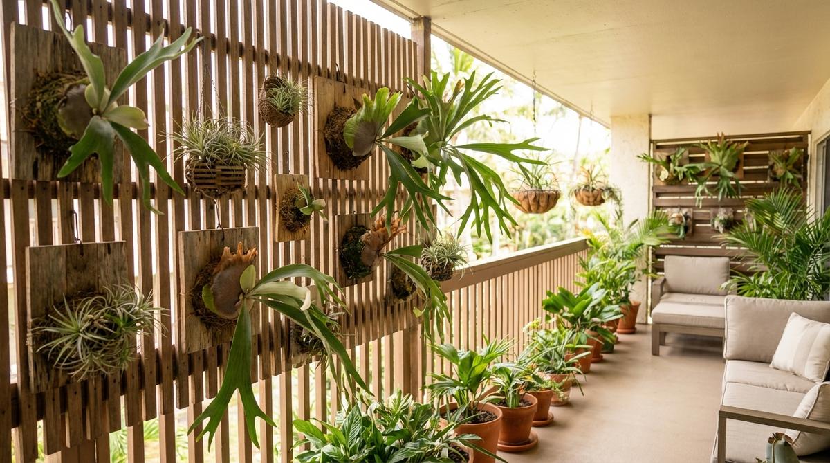 A collection of staghorn ferns mounted on wooden boards at varying heights, showcasing their distinctive antler-shaped fronds. These epiphytic plants are displayed vertically with other tropical plants like air plants, creating a sculptural and conversation-starting balcony decor that mimics their natural tree-growing habitat.