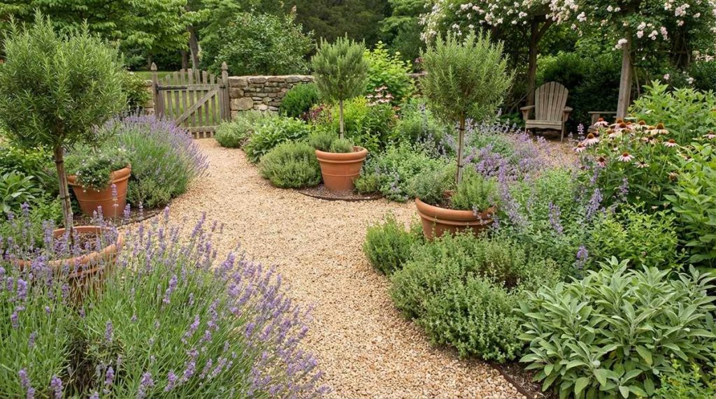 A charming herb garden pathway featuring gravel paths bordered by lavender, thyme, and sage, releasing fragrance when brushed, enhancing the cottage aesthetic. Edible herbs mix with ornamental perennials, and rosemary standards in terracotta pots add formal touches to informal plantings.