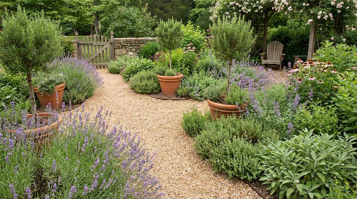 A charming herb garden pathway featuring gravel paths bordered by lavender, thyme, and sage, releasing fragrance when brushed, enhancing the cottage aesthetic. Edible herbs mix with ornamental perennials, and rosemary standards in terracotta pots add formal touches to informal plantings.