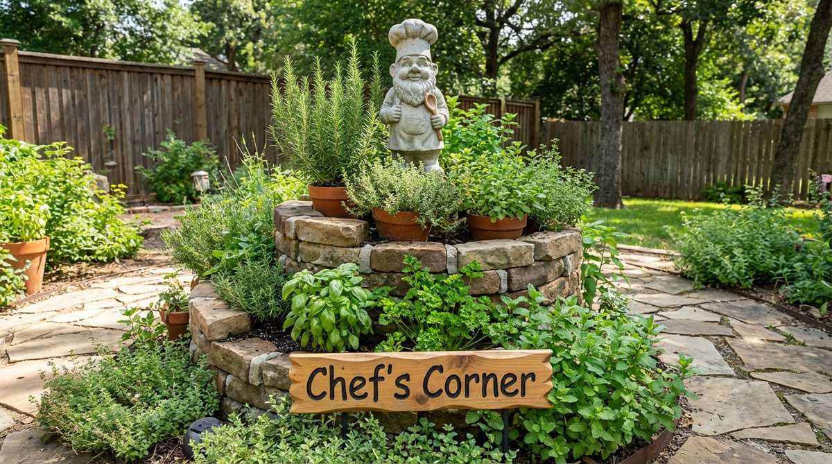 A chef-themed gnome atop an herb spiral, creating a whimsical and practical culinary tower in a mini garden, with herbs arranged from dry-tolerant to moisture-loving and a 'Chef's Corner' sign for easy visibility and harvesting.