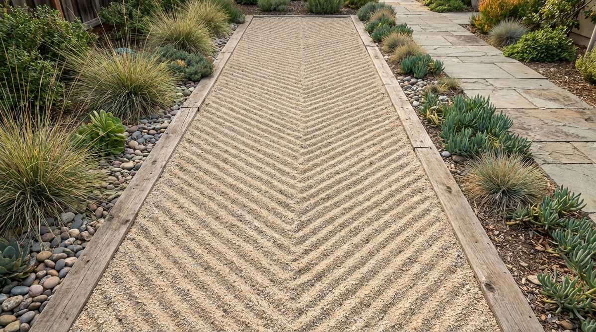 A classic herringbone texture created by alternating diagonal lines in a zen garden sand pattern. This orderly yet visually complex design features uniform strokes that work particularly well in narrow garden strips.