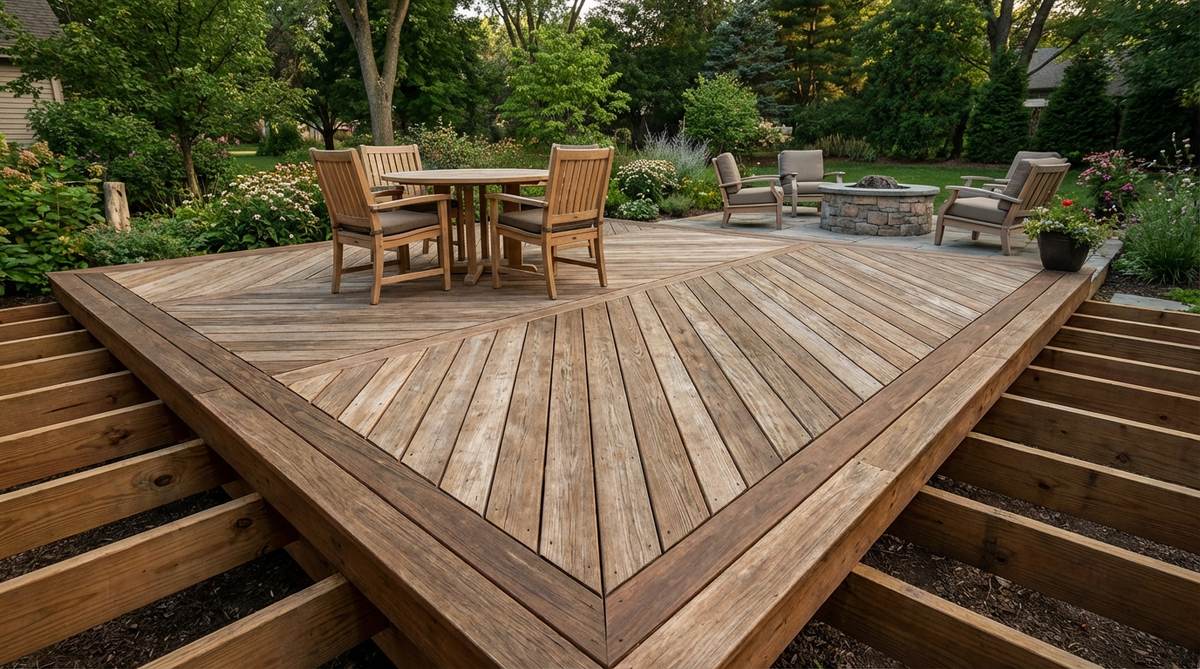 A detailed view of a herringbone pattern decking feature zone in a small garden, showcasing the intricate V-pattern used to define a seating or dining area, with picture-frame borders and proper structural support for durability.