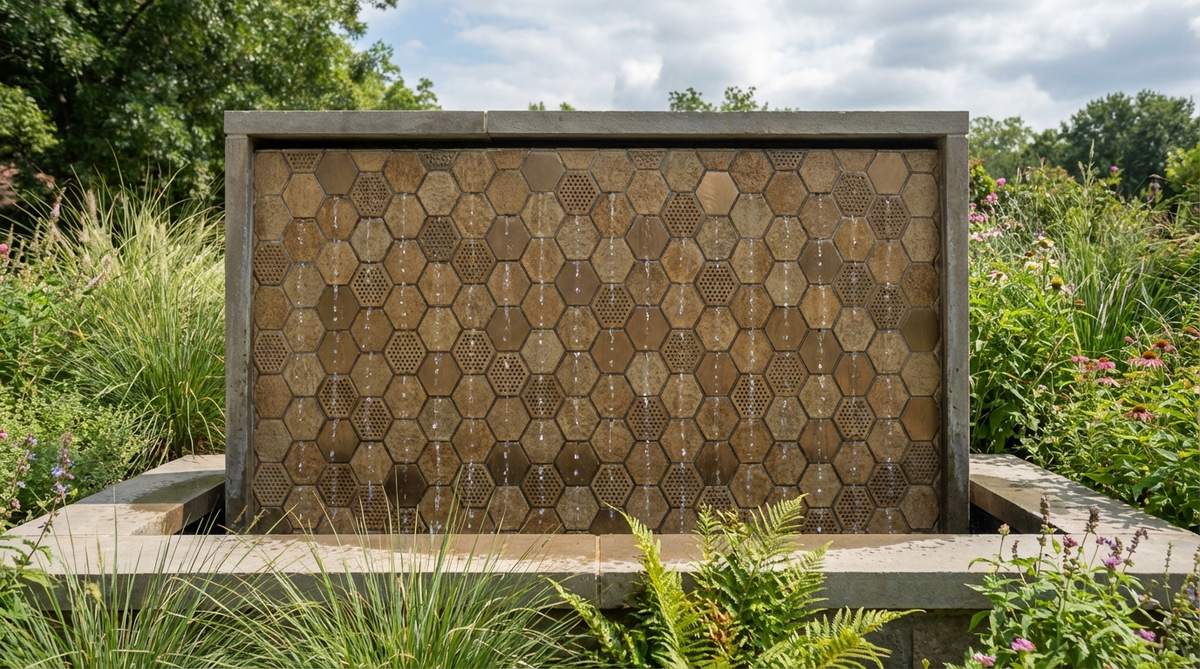 A close-up view of a hexagonal tile weep wall in a modern garden fountain, showing water weeping through the grout lines and perforations in a honeycomb pattern. The geometric tessellation creates numerous small streams that collectively cover the wall surface, with ceramic, metal, or stone tiles providing structural strength and even water distribution.