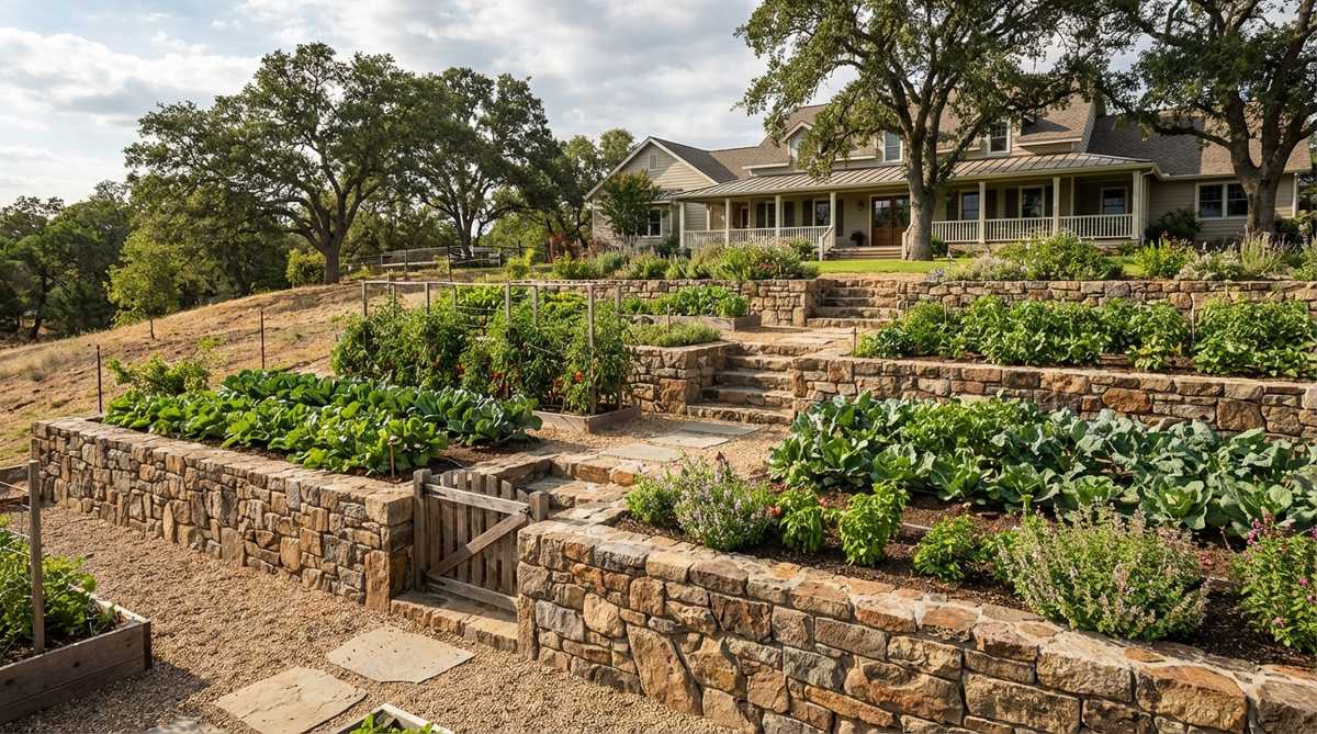 Stone terraced vegetable beds on a hillside, showing multiple levels of flat planting surfaces with stone retaining walls that prevent soil erosion and improve garden accessibility.